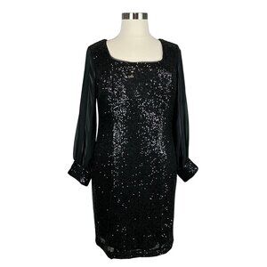 Alex Evenings Black Sequin & Chiffon Long Sleeve Cocktail Dress